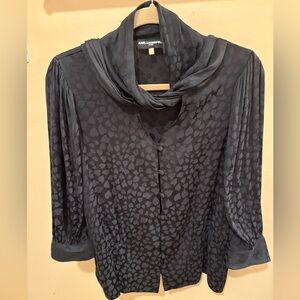 Karl Lagerfeld Black Heart Print Pattern Blouse W/ Built in Scarf Womens Medium